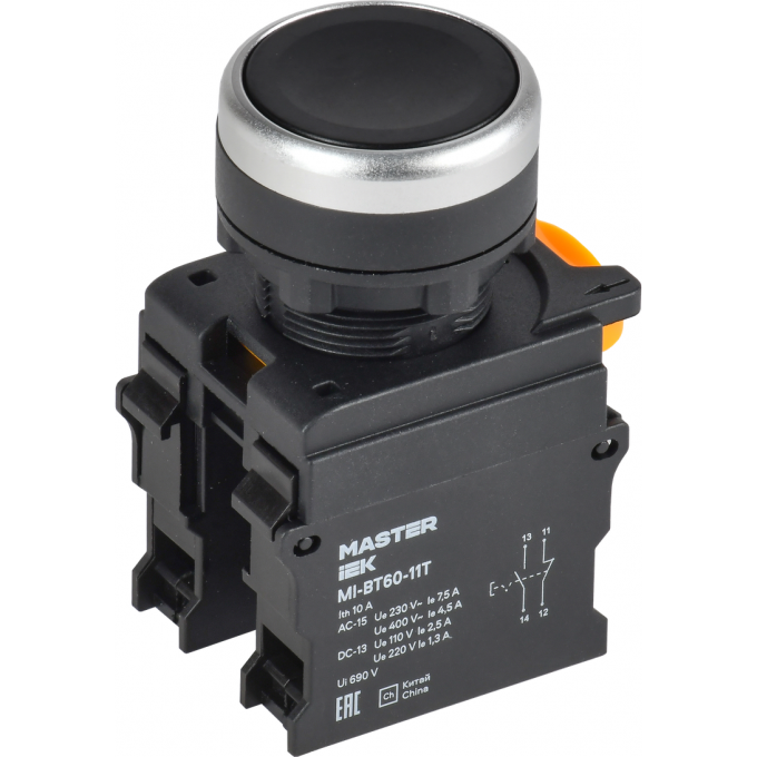 Кнопка с фиксацией d=22мм IEK MASTER 1NO+1NC чёрная MI-BT60-11T-3-21-K02